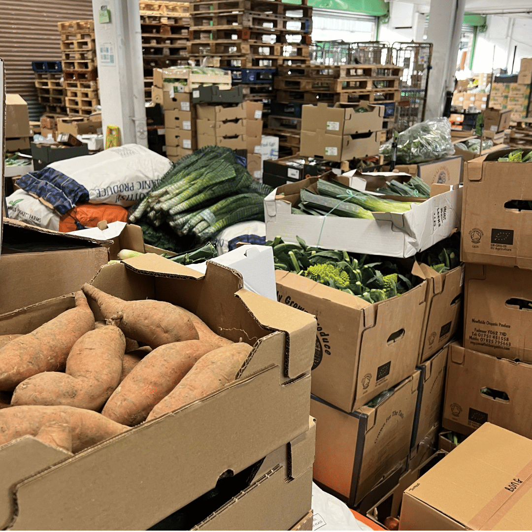 Organic North warehouse, lots of boxes of produce piled up ready to be distributed